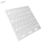 Silver Gundam metal stencil with labeled cutouts for engraving auxiliary scale modeling