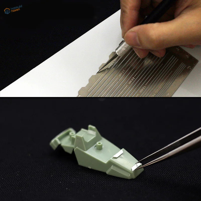 Tweezers adjust light green equidistant lines ruler piece for scale modeling