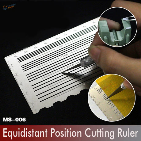 Silver equidistant lines cutting ruler with engraved mm markings for scale modeling