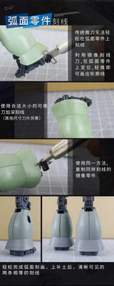 Light green curved part of equidistant scribing tool with metallic markings