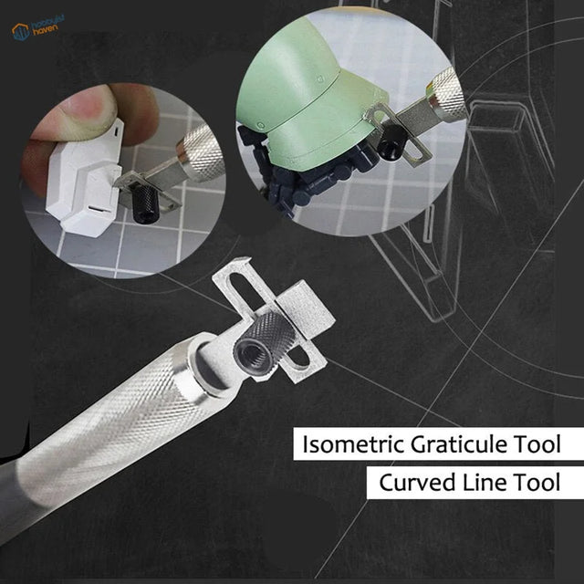 Silver equidistant scribing tool with metallic grip and curved mechanism