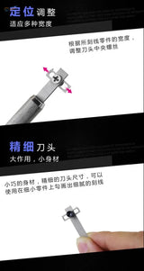 Silver equidistant scribing tool with precision knife and adjustable grip