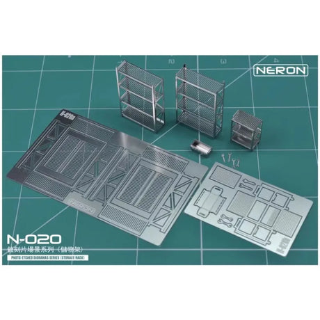 Silver Neron 1/64 storage rack toolbox kit with etched metal shelving
