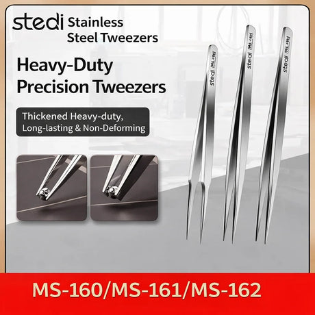 Set of three Stedi stainless steel sturdy tweezers with thickened heavy-duty construction for fine rigging and small parts