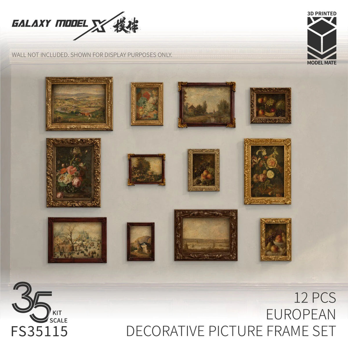 Twelve 1/35 European picture frames hung on a wall, painted in gold and dark wood tones with classical paintings