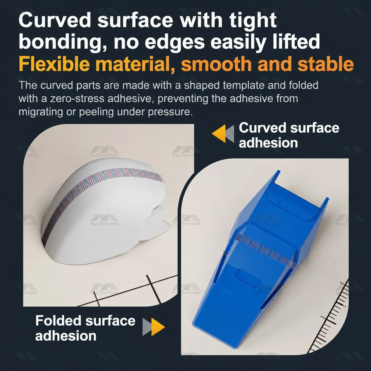 Scribing tape conforming to a curved helmet-shaped part and a folded blue model surface