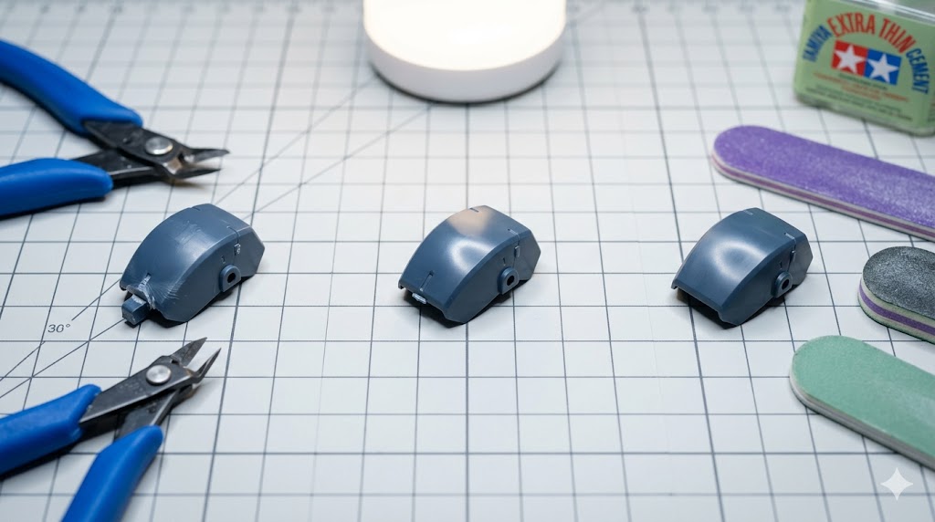 Nærbillede af en Gunpla støberamme, der viser ren nub fjernelse med slibestave og sidebidetang