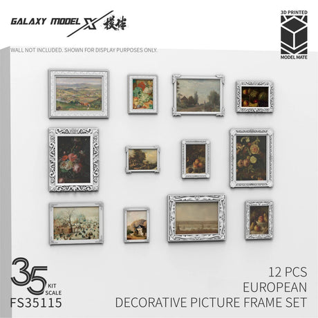 Twelve 1/35 scale picture frames in white on a wall with still life and landscape art prints