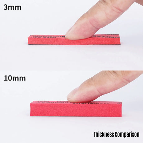 Red rectangular sanding sponge set with foam core delivers textured surface and two thicknesses for comparison