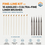 Fine-Line Kit: ten angled liner brushes with white handles and five ultra-fine liner brushes with slim metal handles