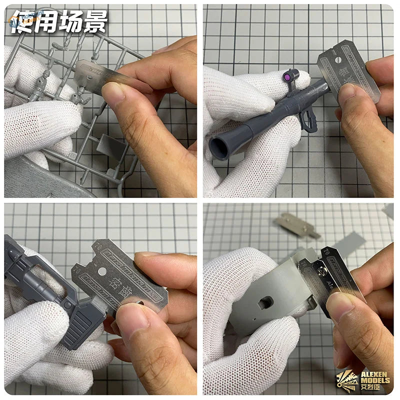 Gray plastic model gun part with fine metal saw for controlled cuts in scale modeling