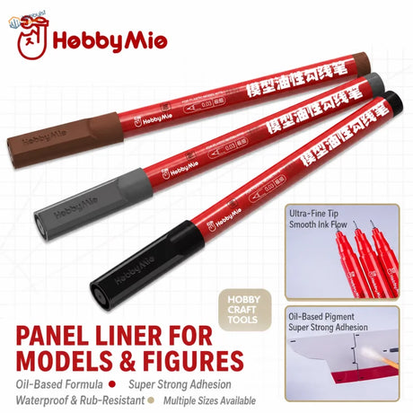 Red and brown hobbymie fine panel liner pens with black caps designed for detailed model painting use