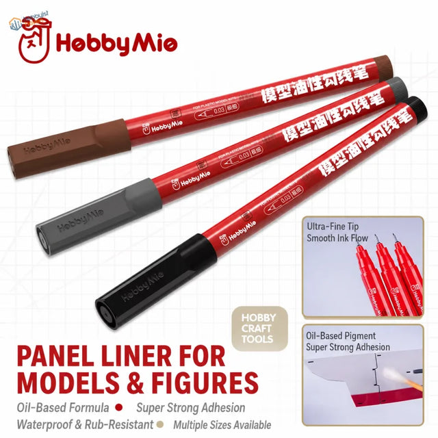 Red and brown hobbymie fine panel liner pens with black caps designed for detailed model painting use