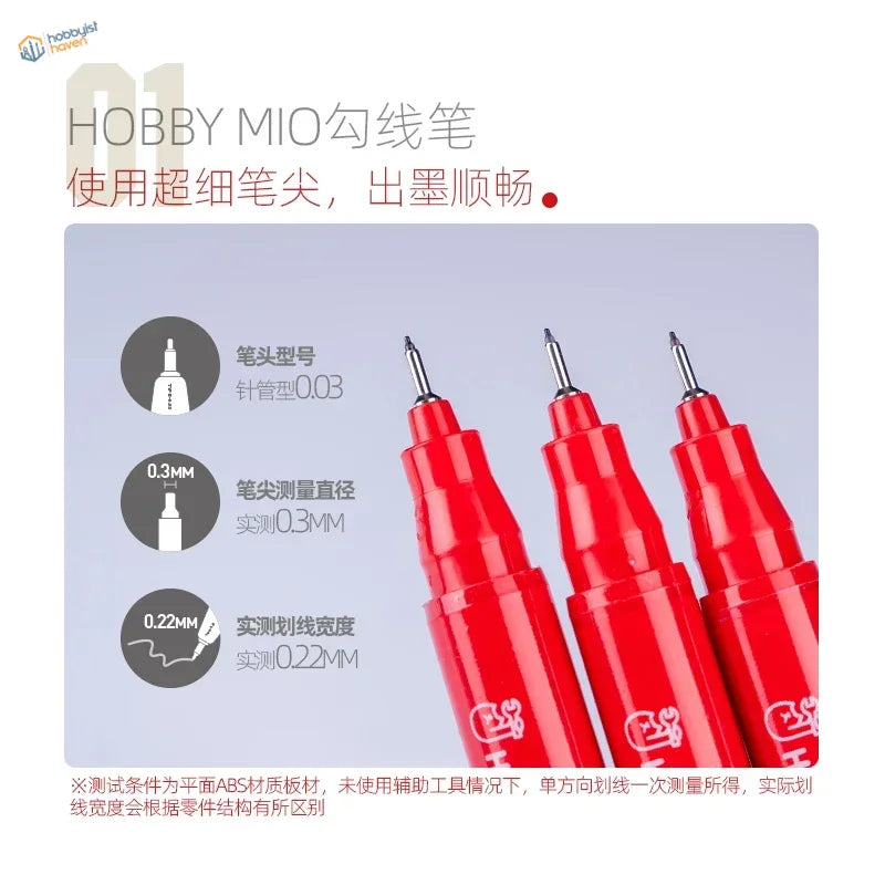 Fine panel liner pen with red Hobby Mio markers, ultra-fine 0.3mm tips