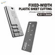 Gray metallic fixed-width plastic sheet strip cutter with measurement markings and attachment hole for model building tools