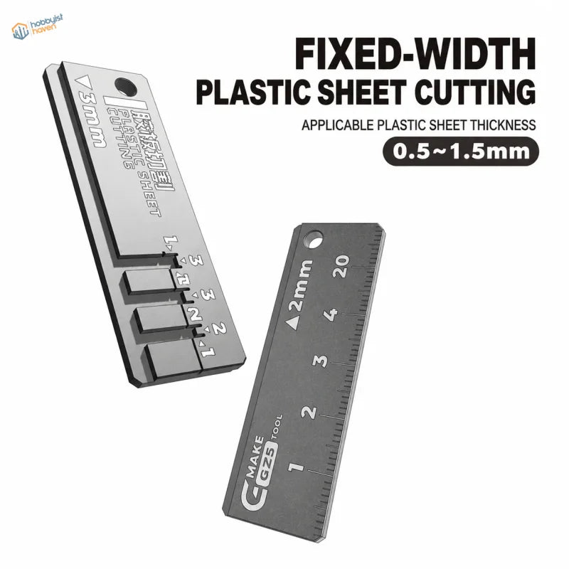 Gray metallic fixed-width plastic sheet strip cutter with measurement markings and attachment hole for model building tools