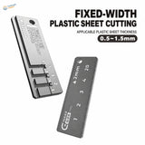 Gray metallic fixed-width plastic sheet strip cutter with measurement markings and attachment hole for model building tools