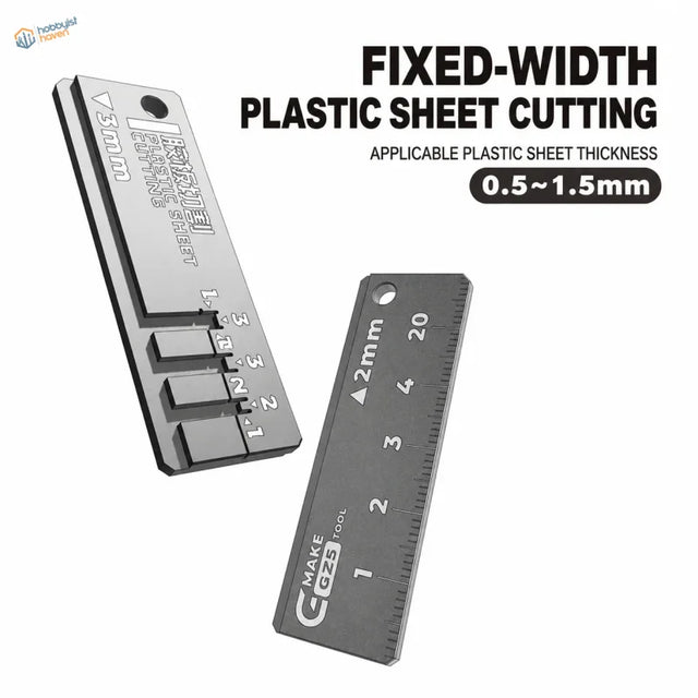 Gray metallic fixed-width plastic sheet strip cutter with measurement markings and attachment hole for model building tools