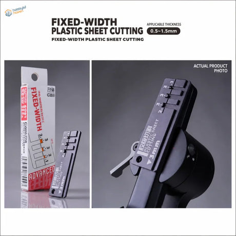 Black fixed-width plastic sheet strip cutter with measurement markings for 0.5 to 1.5mm thickness for scale modeling tools