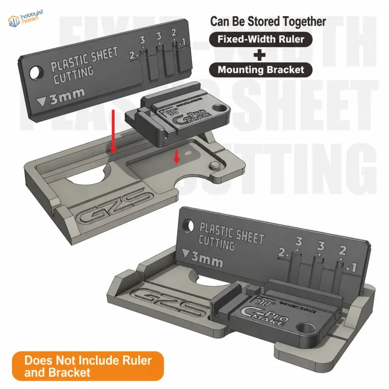 Gray plastic fixed-width sheet strip cutter with engraved scale markings and gzs branding for scale modeling tools