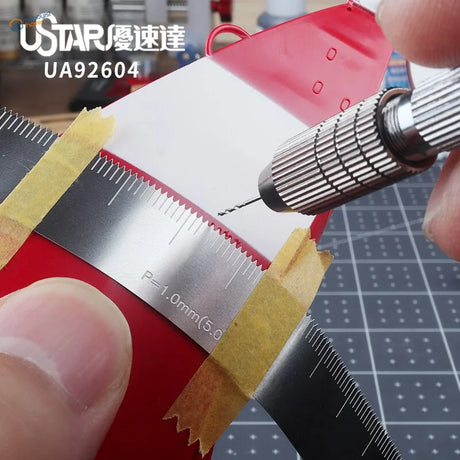Red white Ustar UA92604 ruler with 1mm equidistant markings, yellow tape edges for scale modeling tools
