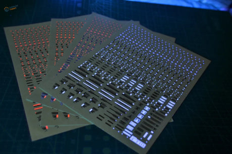 Fluorescent decals on fused quartz circuit boards with glowing blue orange LED patterns for HG MG Gunplas