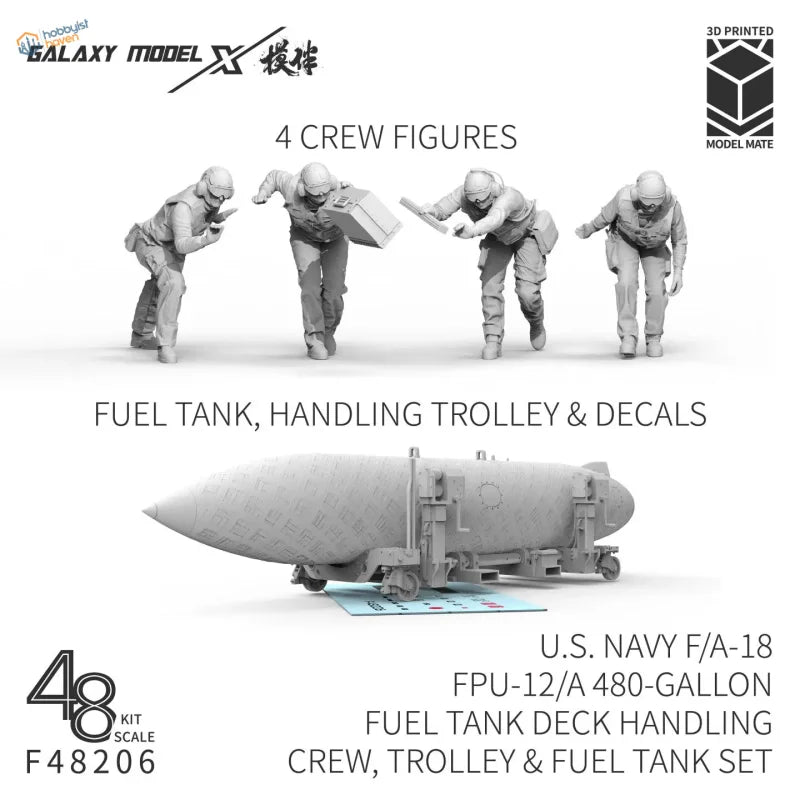 Gray 3d-printed crew figures from galaxy 1/48 f/a-18 deck handling crew set with fuel tank accessory