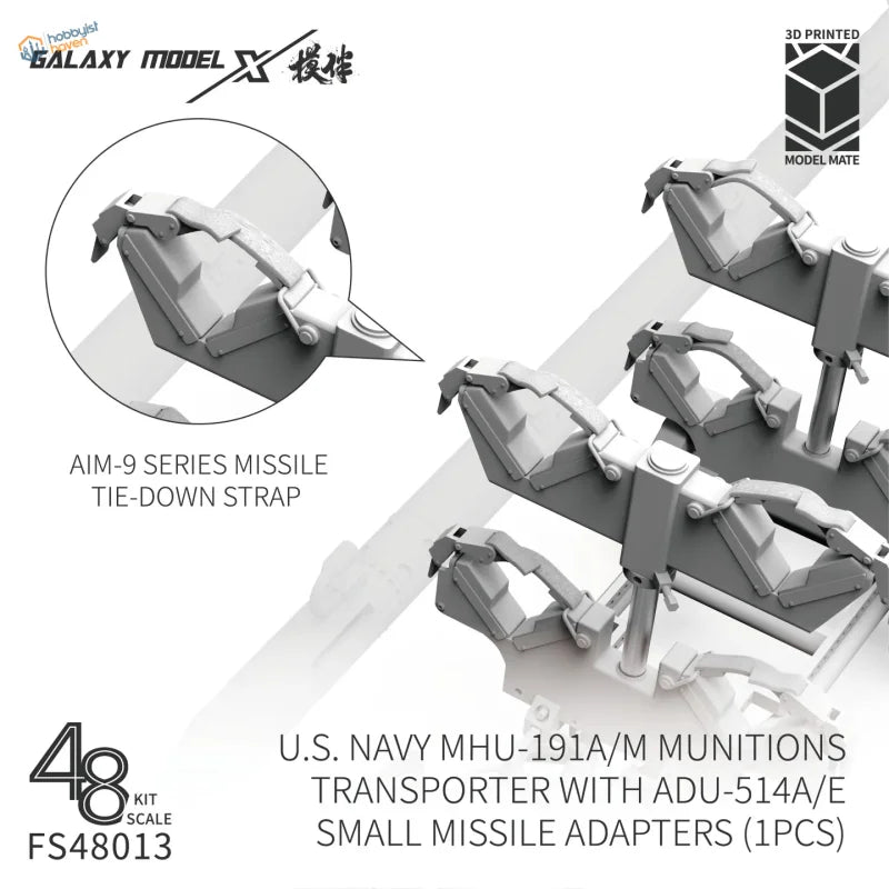 Gray 3D-printed AIM-9 missile tie-down strap for Galaxy Model 1/48 munitions transporter