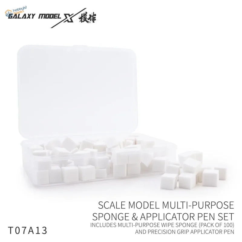 White plastic container holding galaxy model 100-piece set of white cube-shaped weathering sponges and applicator pens