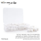 White plastic container holding galaxy model 100-piece set of white cube-shaped weathering sponges and applicator pens