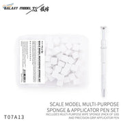 Galaxy model 100-piece set includes white cube-shaped weathering sponges and a precision grip applicator pen in clear pack