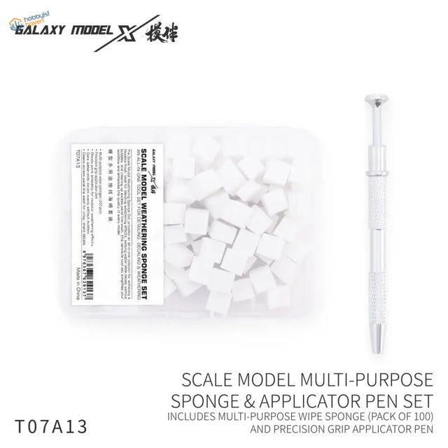 Galaxy model 100-piece set includes white cube-shaped weathering sponges and a precision grip applicator pen in clear pack