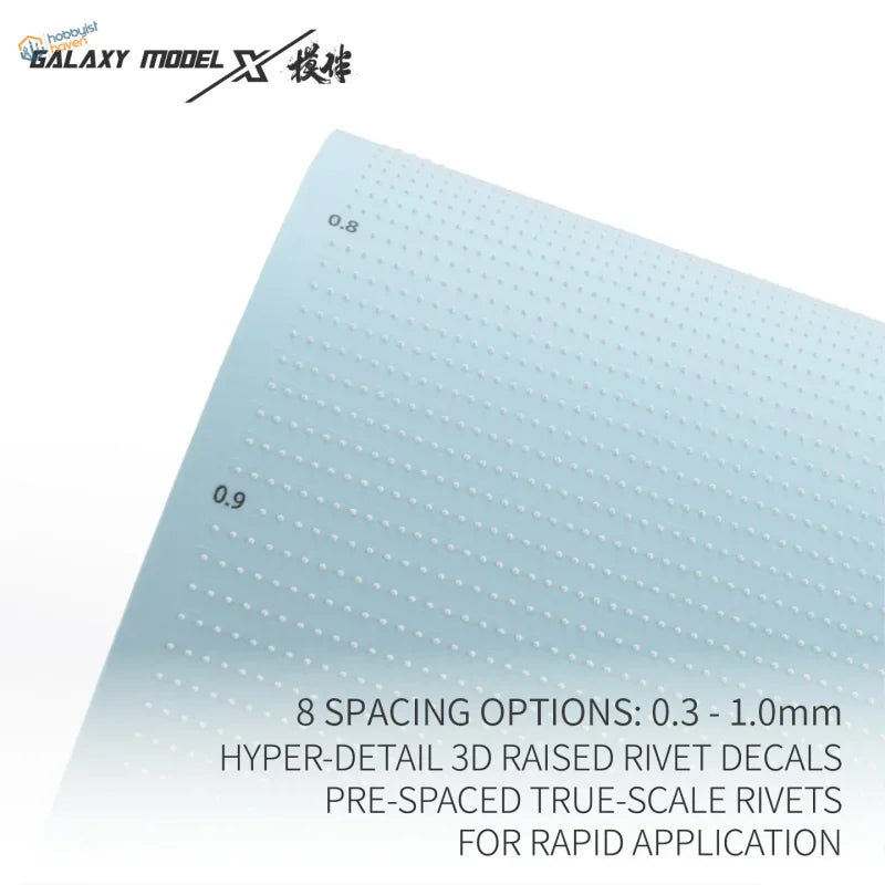 Galaxy Model 3D-printed rivet decals: light blue translucent sheet with grid rivets