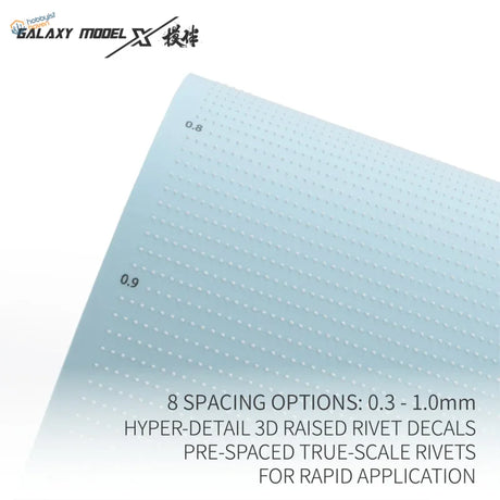 Galaxy Model 3D-printed rivet decals: light blue translucent sheet with grid rivets