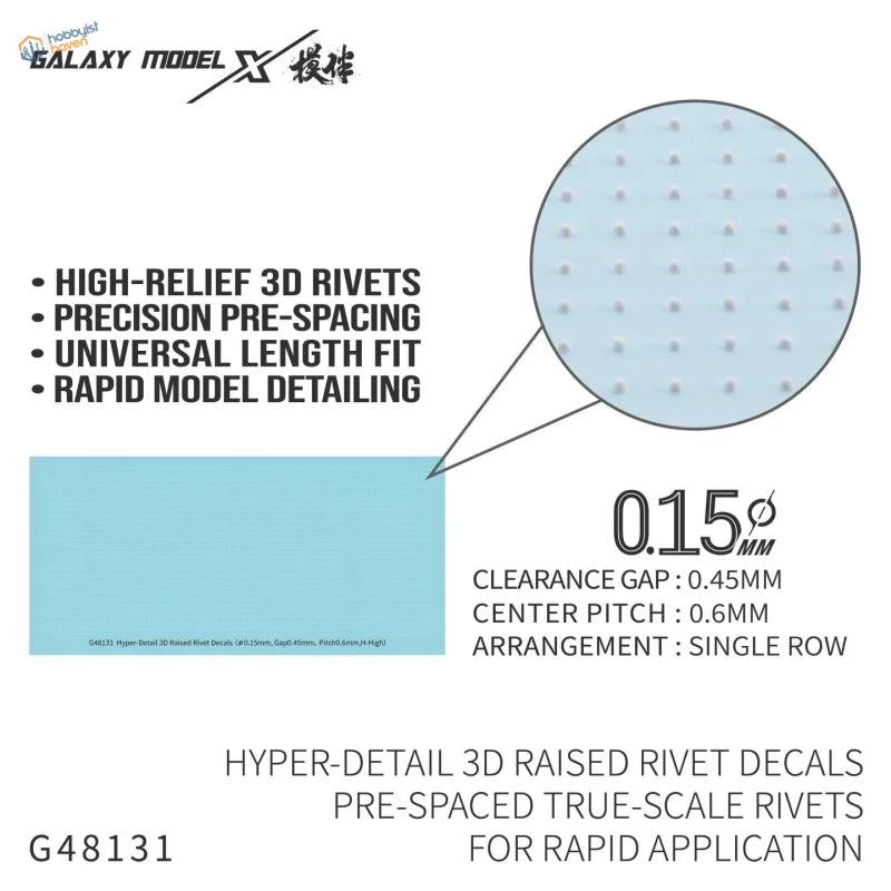 Galaxy model single line 3d raised rivet decals feature light blue hyper-detailed rivet decals in a precise single-row arrangement