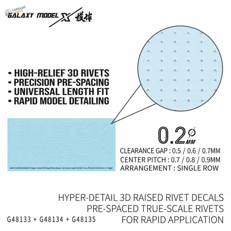 Galaxy Model single line light blue 3d raised rivet decals with precise pre-spaced high-relief design for rapid detailing