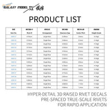 Galaxy model single line 3d raised rivet decals featuring hyper-detail pre-spaced true-scale rivet decals for rapid application