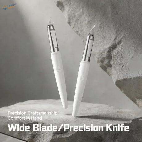 Two white geeHobby precision pen knives with silver replacement blades and ergonomic handles for scale modeling tools