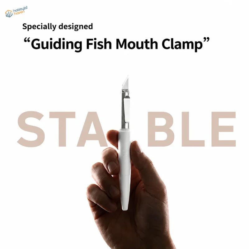 White-handled guiding fish mouth clamp pen knife with metallic blade and ergonomic grip for precision scale modeling tools