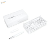 White gee hobby precision model pen knife with silver nib and translucent barrel displayed with packaging and replacement blades for scale modeling tools