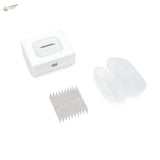 White rectangular case with transparent lid containing silver replacement blades for GeeHobby precision model pen knife
