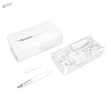 White plastic pen knife with metallic blade and cap in minimalist packaging for precision scale modeling tools and replacement blades