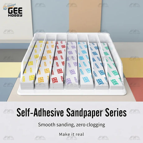 GeeHobby self-adhesive white sandpaper strips with colorful branding grits x 20pcs in a white tray for sanding sticks bonus toy kit