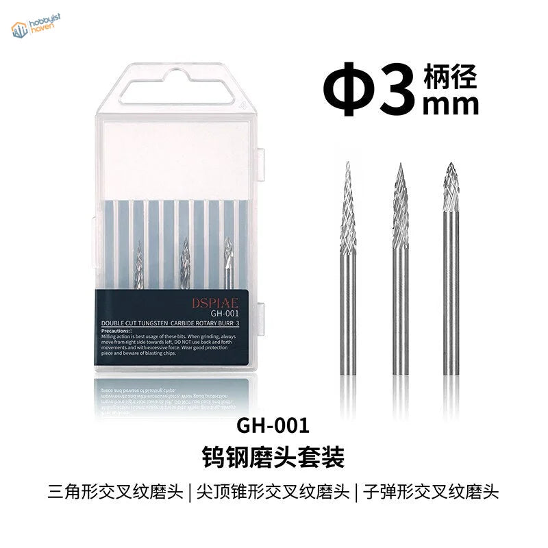 Three DSPiae electric grinding pen grinding heads: silver carbide burrs