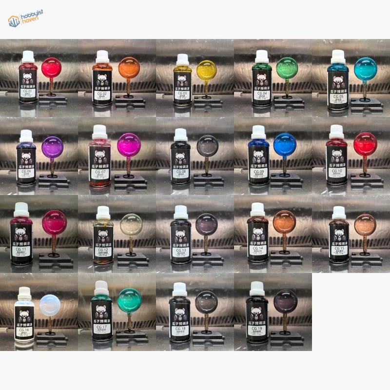 Full collection of nineteen 50ml transparent model paints with cured sample spheres