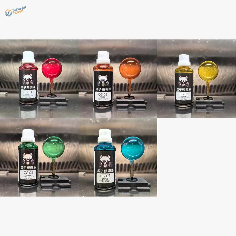 Spectrum set of five 50ml transparent model paints in red, orange, yellow, green and blue