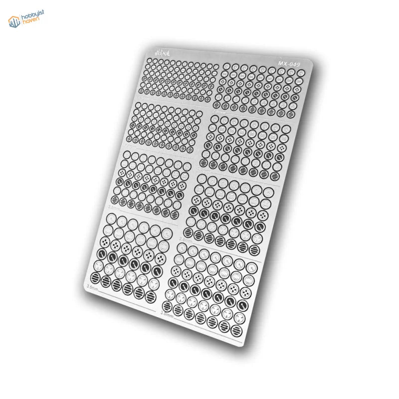 Close-up of a photo-etched stainless steel fret of Gunpla detail parts