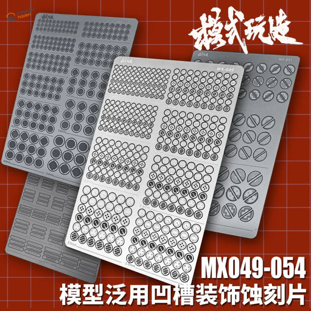 Two photo-etched metal frets of Gunpla detail parts, patterns MX049 to MX054