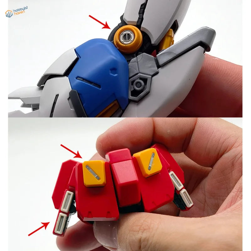 Blue and white Gunpla with photo-etched metal details fitted into the armour recesses