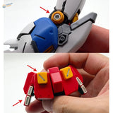 Blue and white Gunpla with photo-etched metal details fitted into the armour recesses